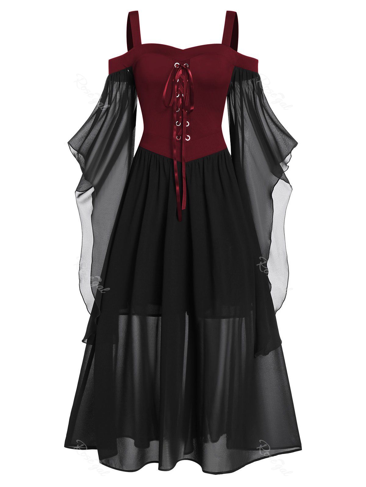 

Plus Size Butterfly Sleeve Lace Up Gothic Halloween Dress, Firebrick