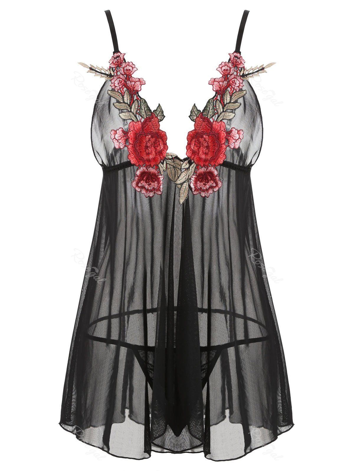 

Plus Size Floral Applique Front Closure Mesh Babydoll, Black