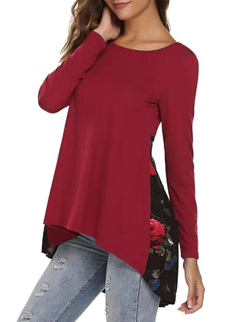 

Floral Print High Low Round Neck Tee, Red wine