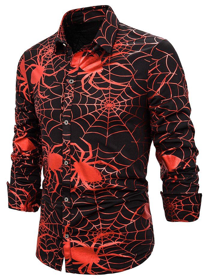 

Gilding Spider Web Print Button Up Shirt, Red