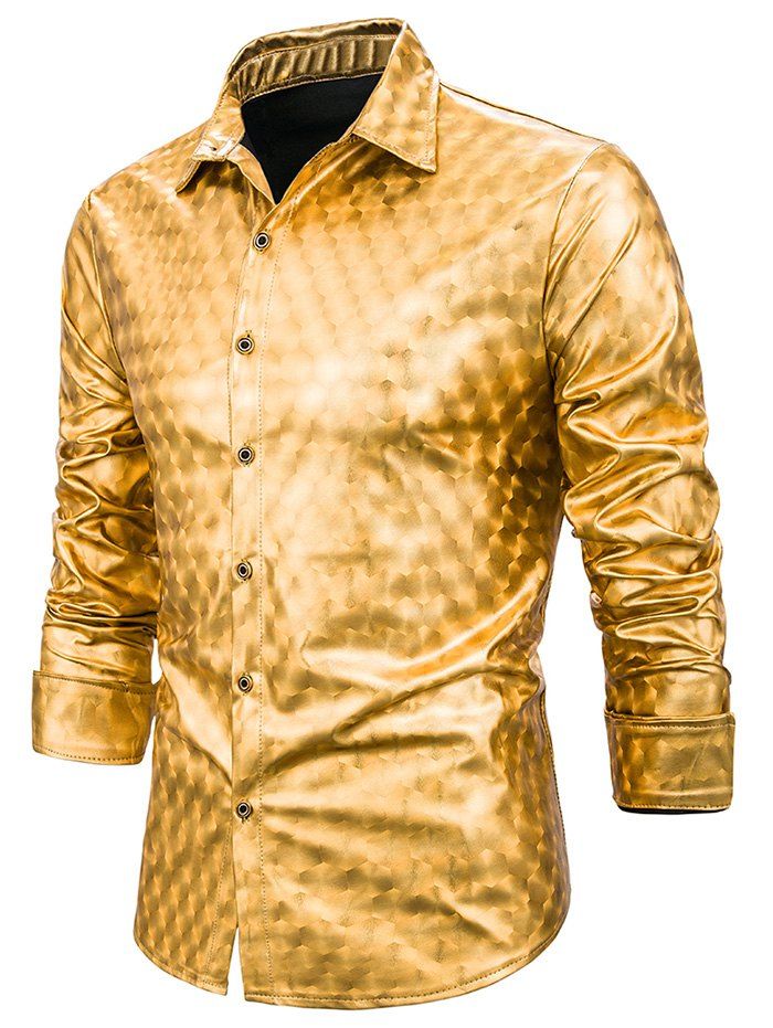

Shiny Gilding Print Button Up Long Sleeve Shirt, Gold