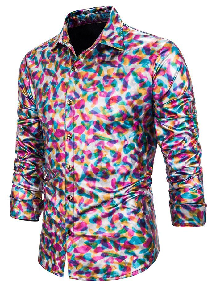 

Shiny Gilding Print Button Up Long Sleeve Shirt, Multi