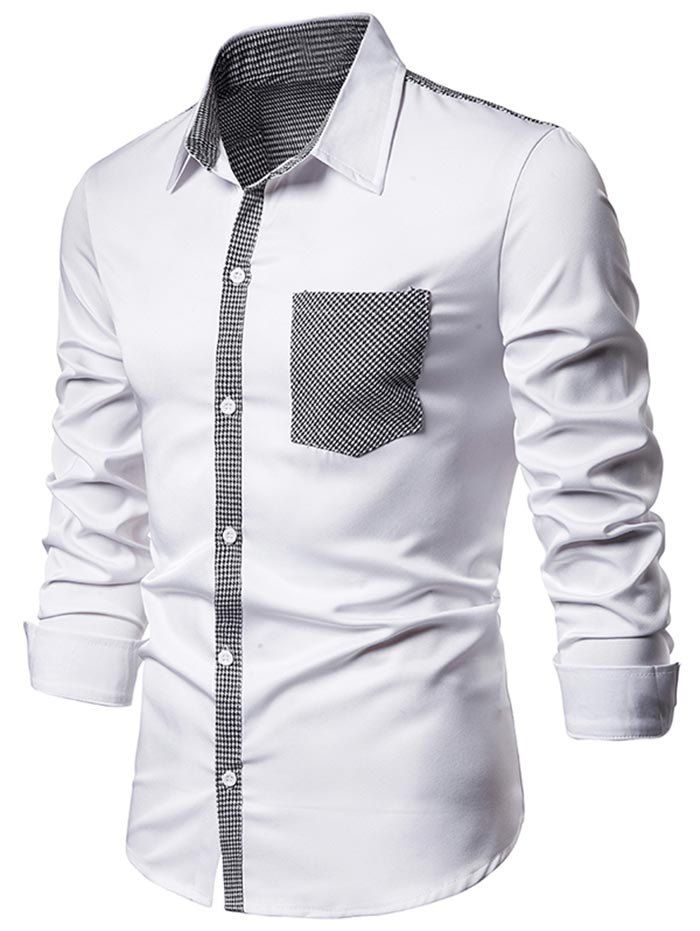 

Houndstooth Trim Pocket Button Up Casual Shirt, White