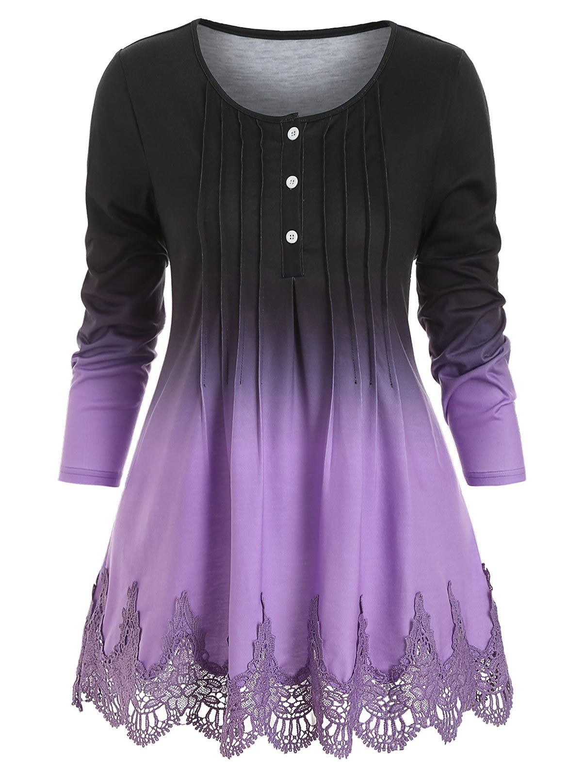 

Pintuck Lace Panel Buttoned Ombre Tee, Purple