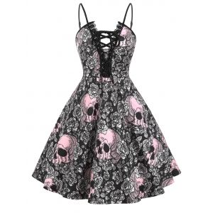 

Lace Trim Halloween Skull Print Lace Up Plus Size Dress, Black