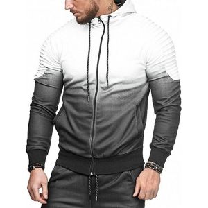 

Gradient Print Shoulder Pleated Sports Zip Hoodie, White