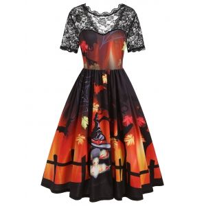 

Plus Size Retro Pumpkin 3D Print Halloween Party Dress, Multi a