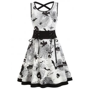 

Criss Cross Bat Pumpkin Halloween Flare Dress, White