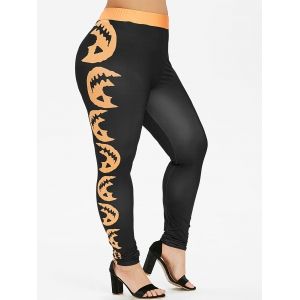 

Plus Size Pumpkin Face Print Halloween Leggings, Black