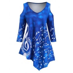 

Plus Size Asymmetrical Musical Notes 3D Print Cold Shoulder T-shirt, Blue ivy