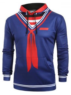 Faux Sailor Collar Striped Print Casual Kangaroo Pocket Hoodie - BLUE - S
