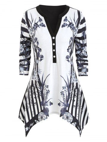 Floral Print Striped Asymmetric V Neck Tee
