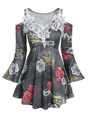 Applique Open Shoulder Ditsy Print T Shirt
