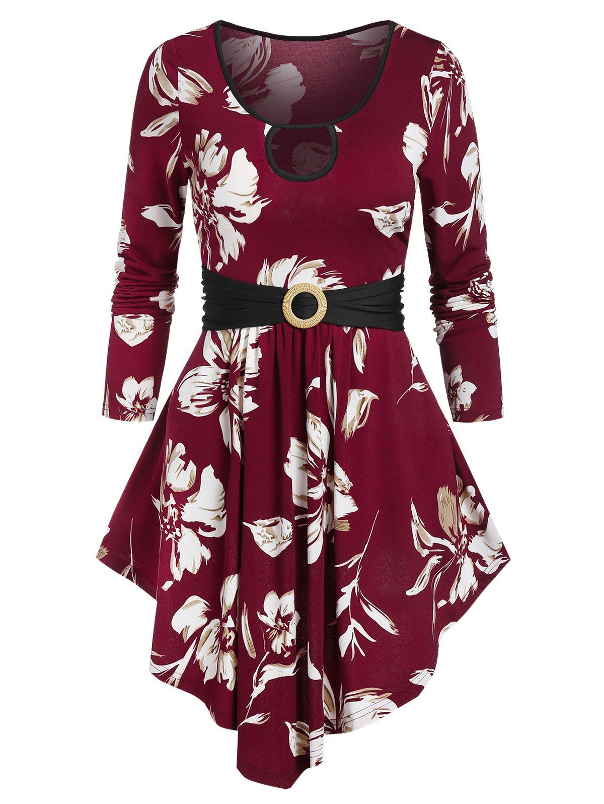 

Ditsy Print Cut Out Asymmetrical T Shirt, Red wine