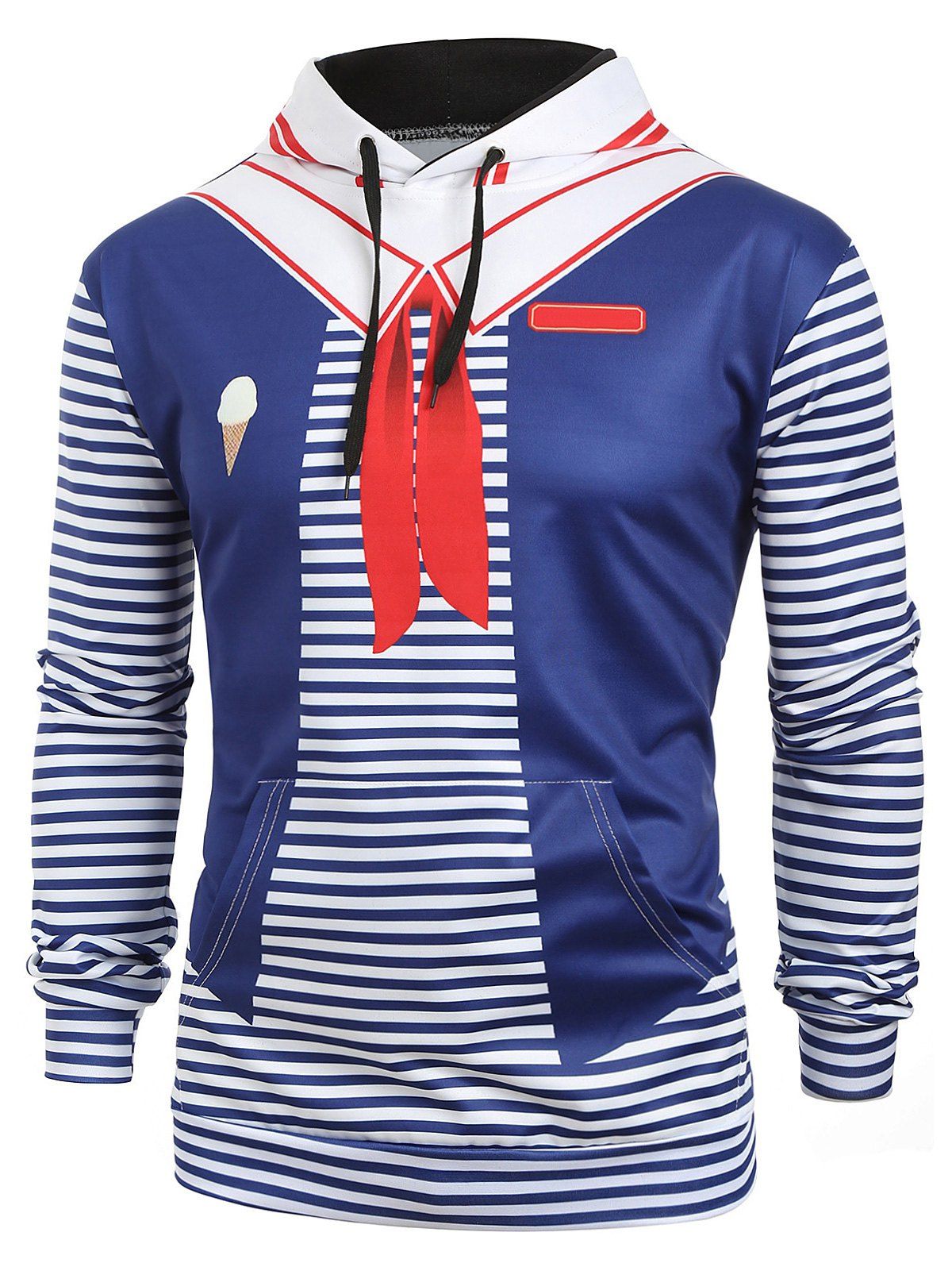 

Color Block Striped Faux Sailor Collar Print Kangaroo Pocket Hoodie, Multi