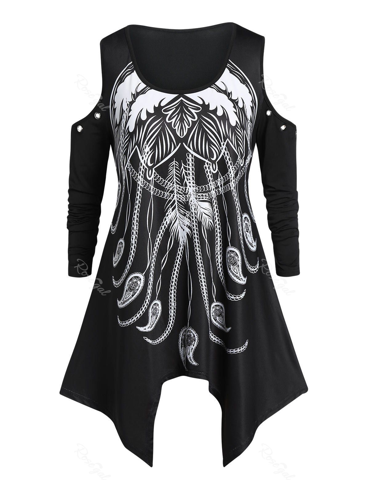 

Plus Size Cold Shoulder Printed Asymmetrical T Shirt, Black