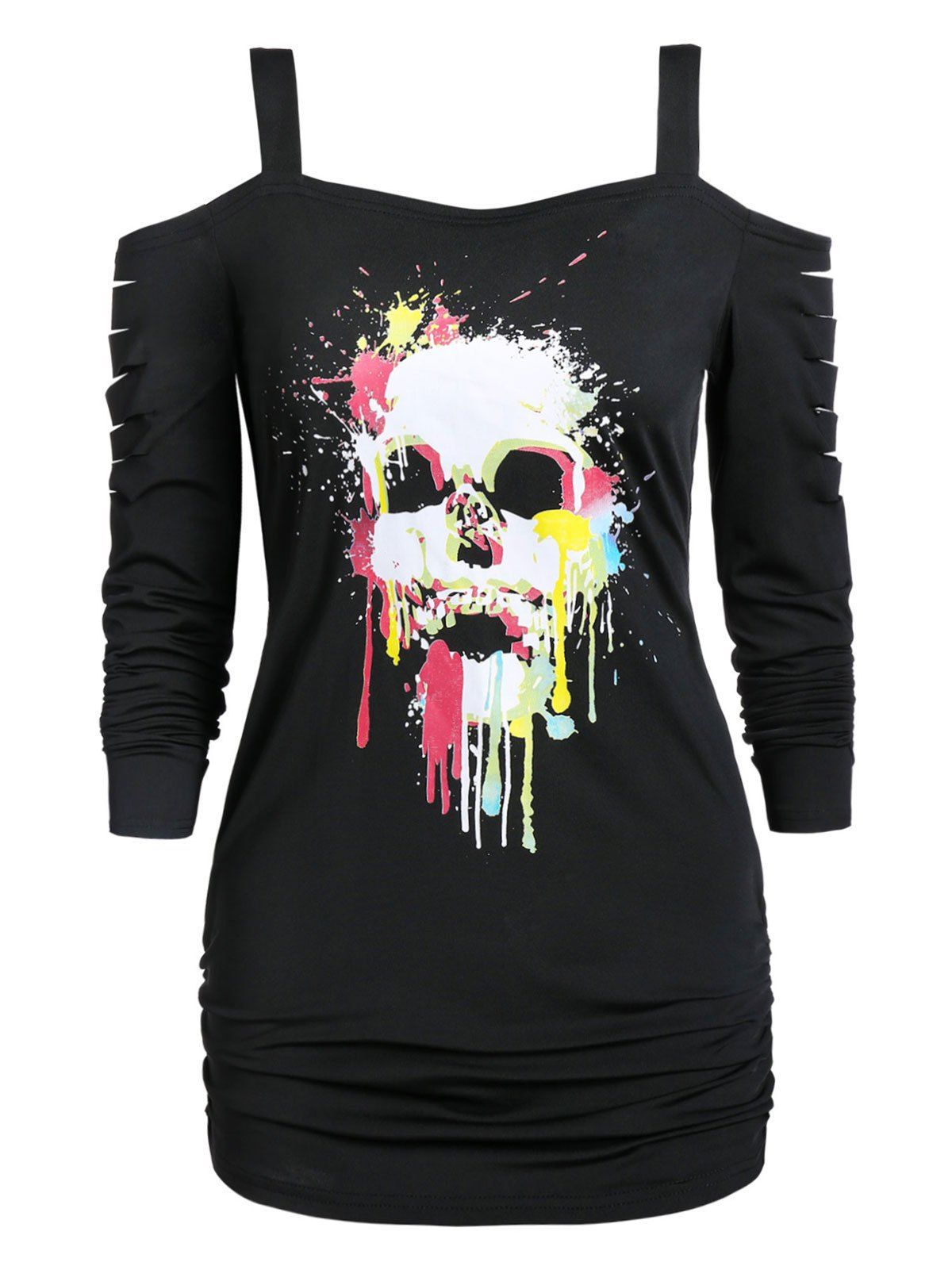 

Open Shoulder Skull Print Cut Out T Shirt, Black