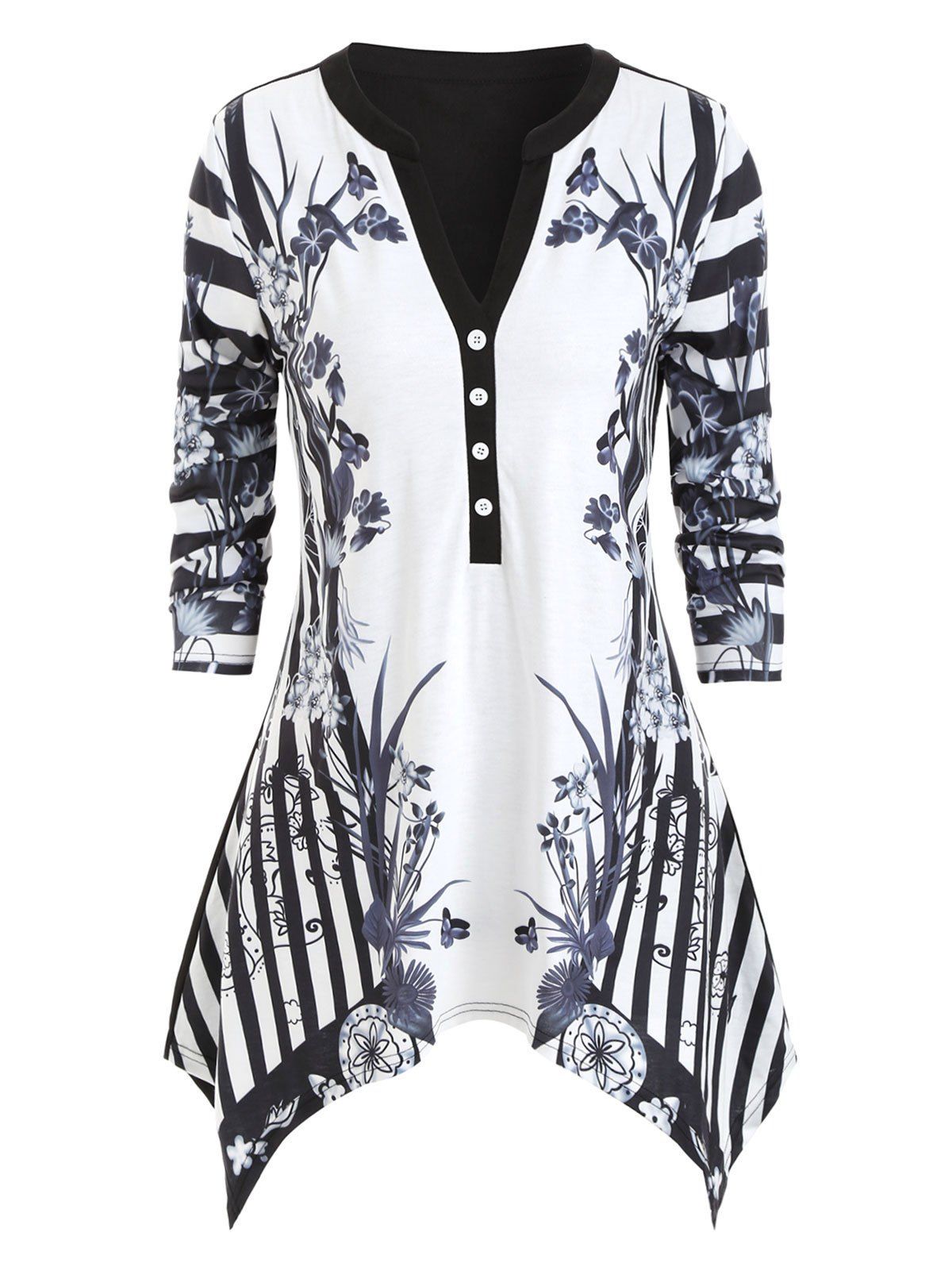 

Floral Print Striped Asymmetric V Neck Tee, White