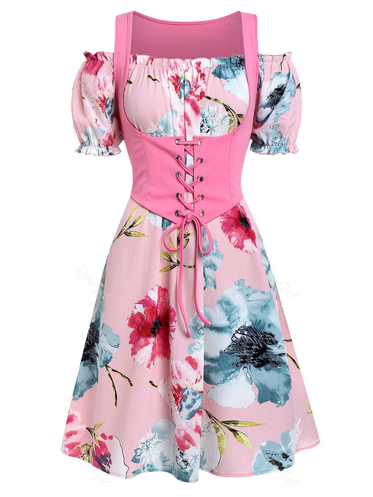 

Plus Size Printed Dress with Lace Up Tank Top, Watermelon pink