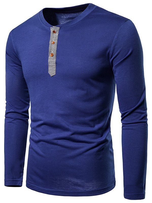 

Contrast Henley Long Sleeve Casual T Shirt, Navy blue
