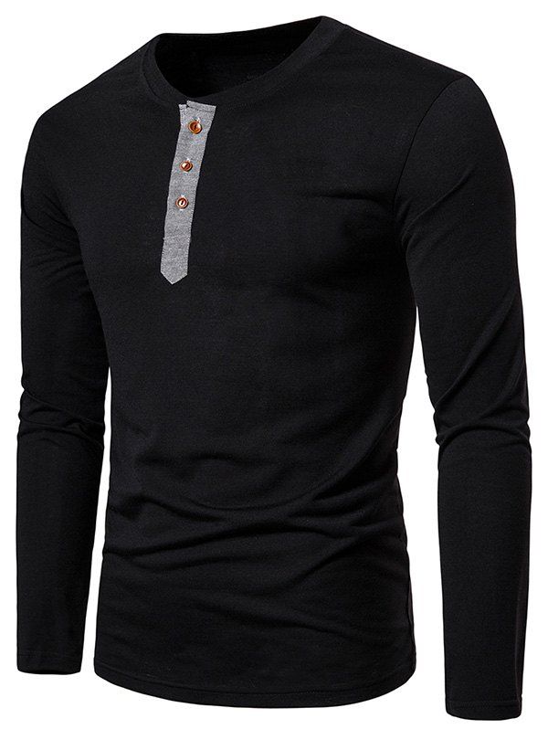 

Contrast Henley Long Sleeve Casual T Shirt, Black