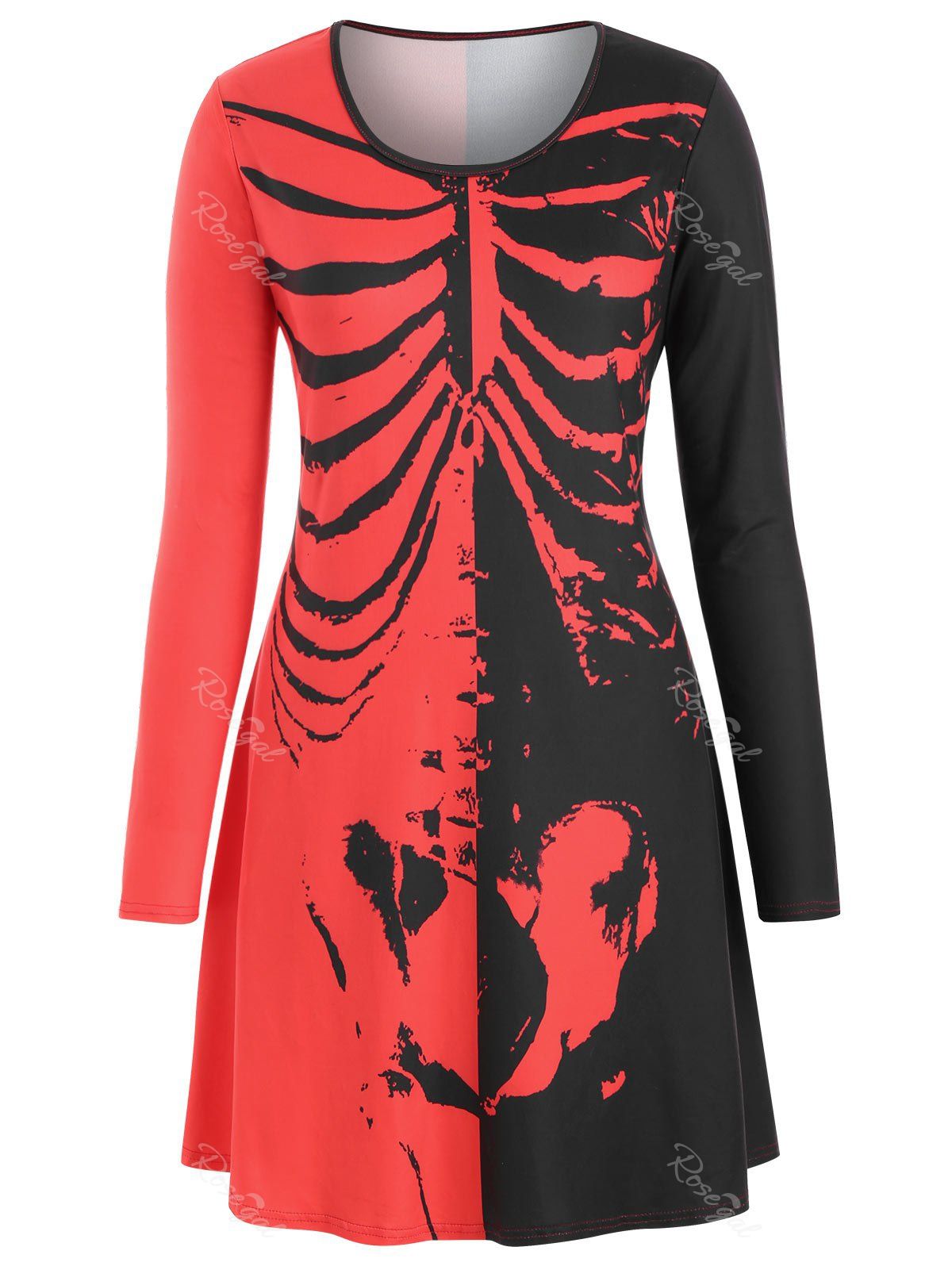 

Long Sleeve Skeleton Halloween Plus Size Tee Dress, Red