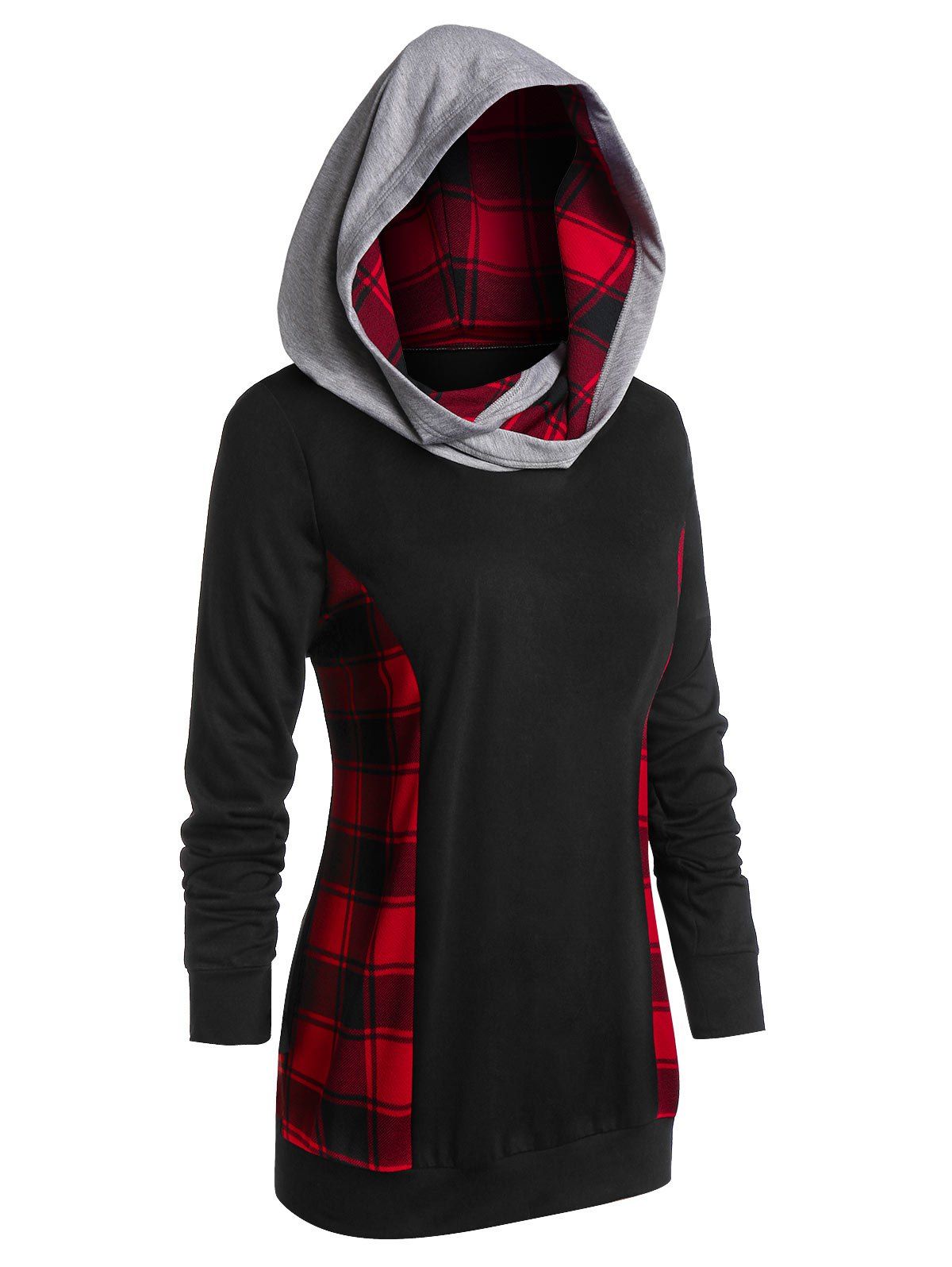 

Plus Size Tunic Checked Panel Long Sleeve Hoodie, Black