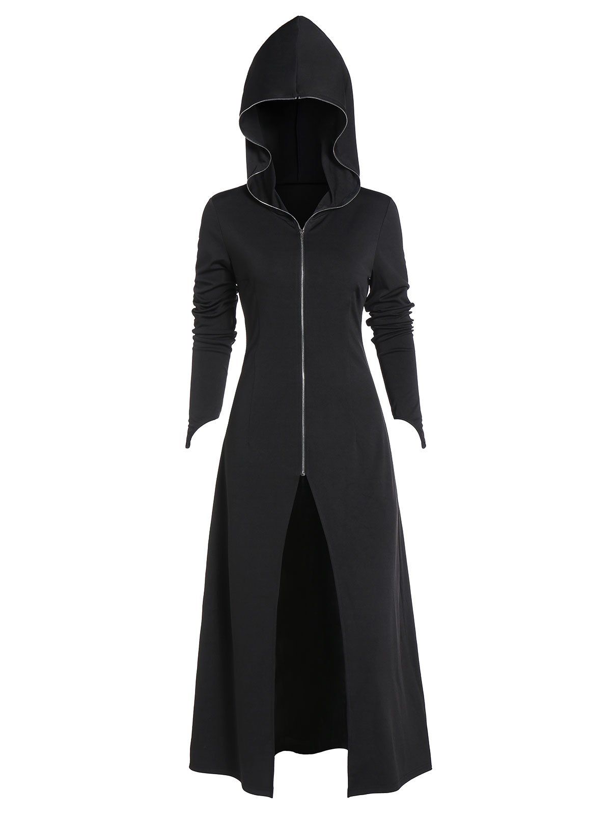 

Hooded Zip Up Lace-up High Slit Gothic Long Coat, Black