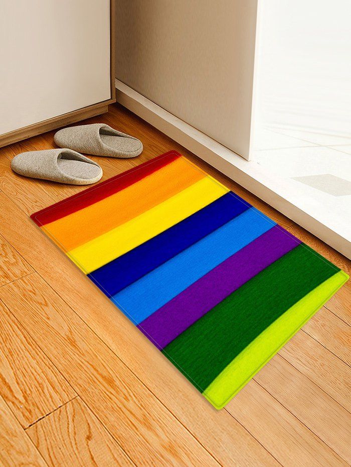 

Rainbow Striped Printed Floor Mat, Red