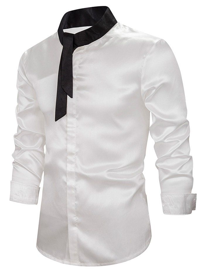 

Contrast Tie Neck Button Up Long Sleeve Shirt, White