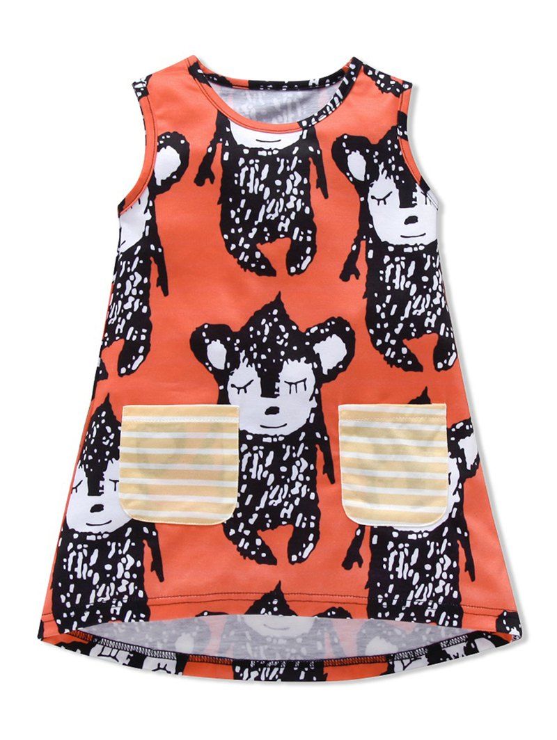 

Girls Animal Print Striped Pockets High Low Dress, Orange