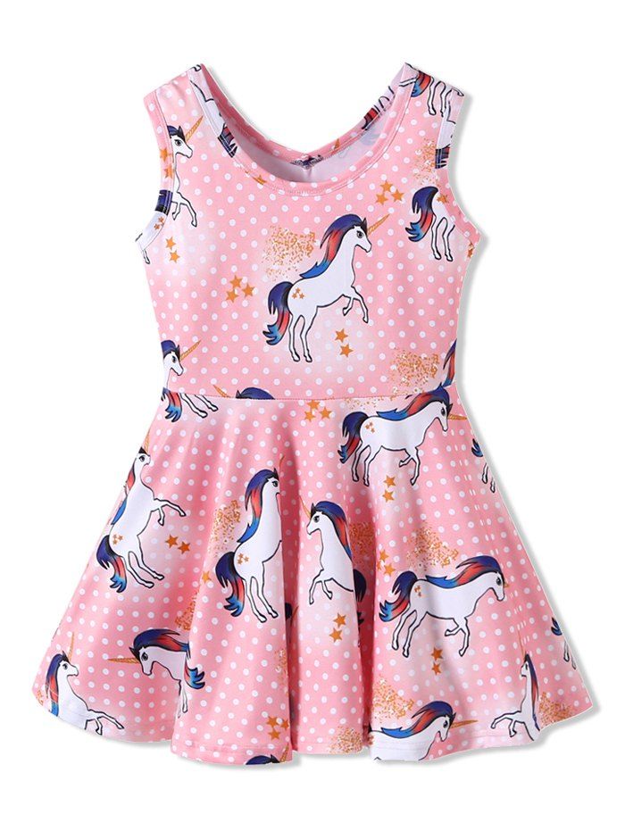 

Girls Unicorn Polka Dot Print Sleeveless Dress, Pink