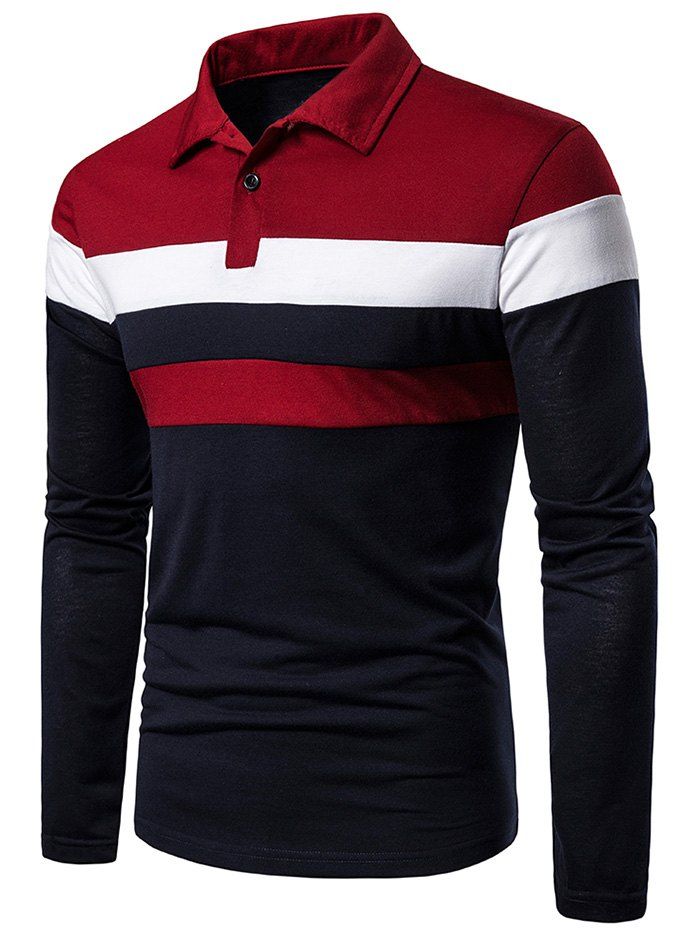

Color Block Turn Down Collar Long Sleeve T Shirt, Multi-a