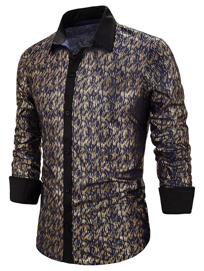 

Allover Gilding Print Button Up Long Sleeve Shirt, Gold