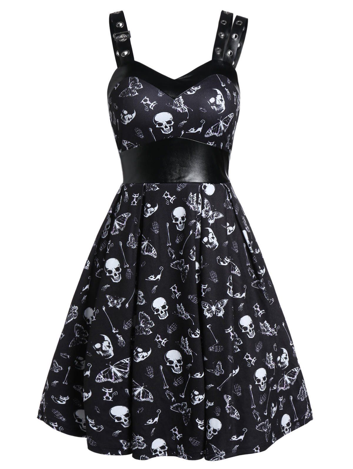 

Skull Print High Waist Fit And Flare Dress, Black
