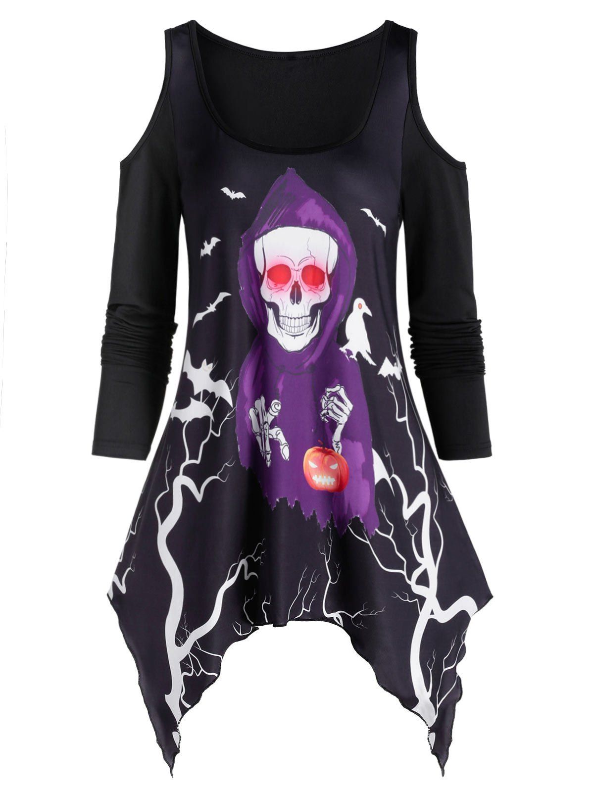 

Asymmetrical Open Shoulder Skull Print T Shirt, Black