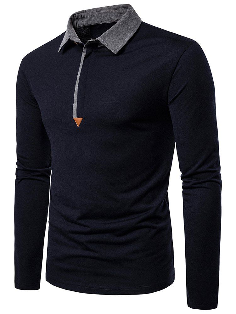 

Contrast Collar Button Long Sleeve Casual Tee, Deep blue