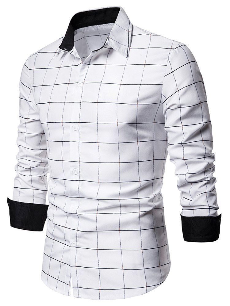 

Grid Print Button Up Long Sleeve Shirt, White
