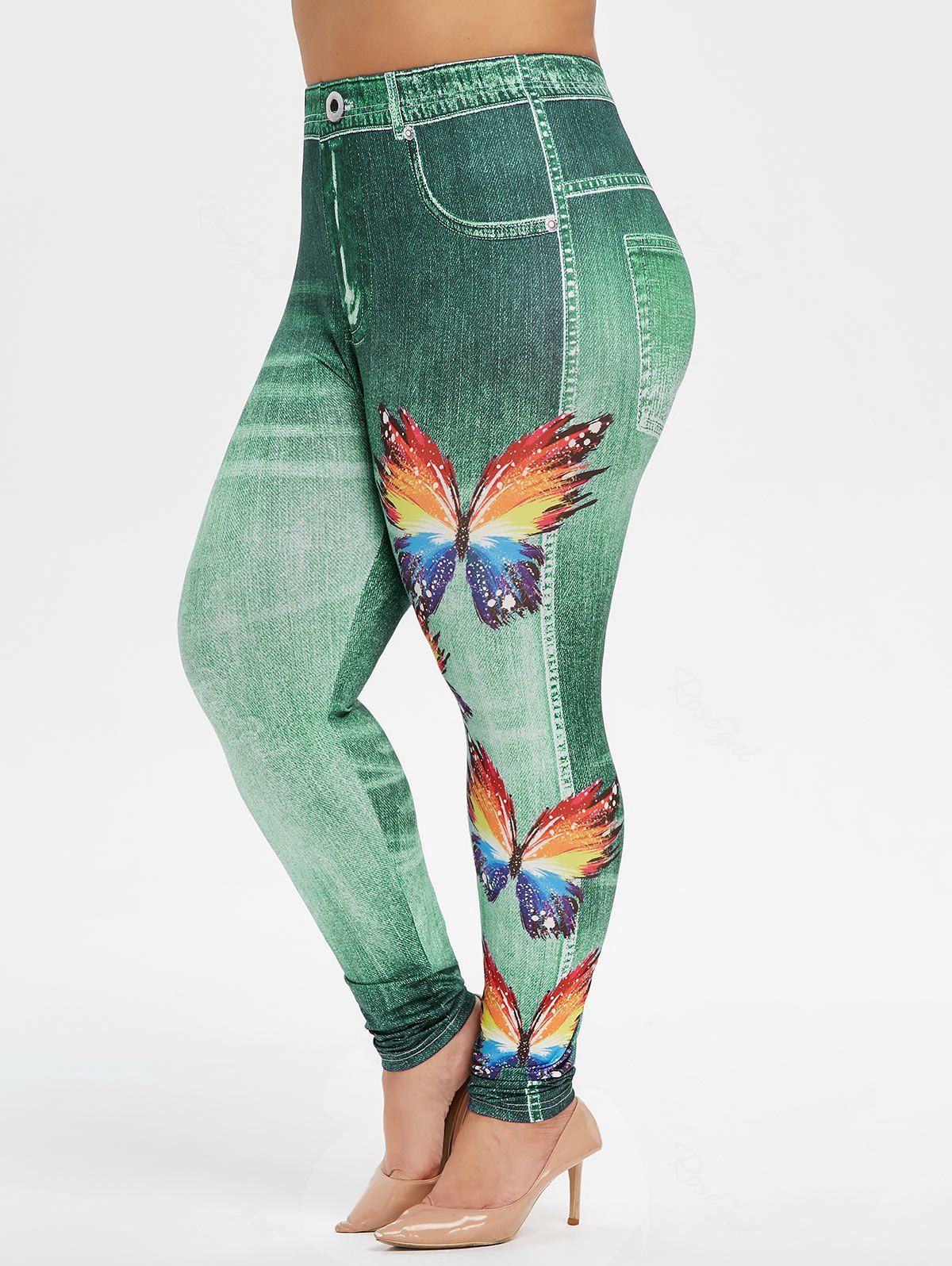 

Plus Size Skinny Butterfly Print Jeggings, Macaw blue green