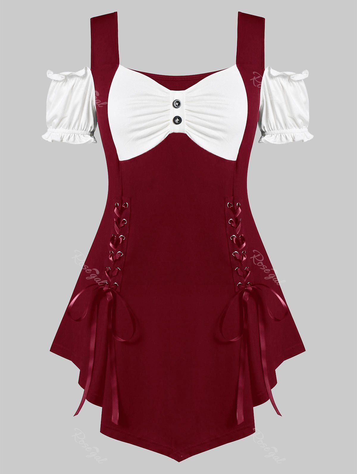 

Plus Size Cold Shoulder Color Block Lace Up T-shirt, Red wine
