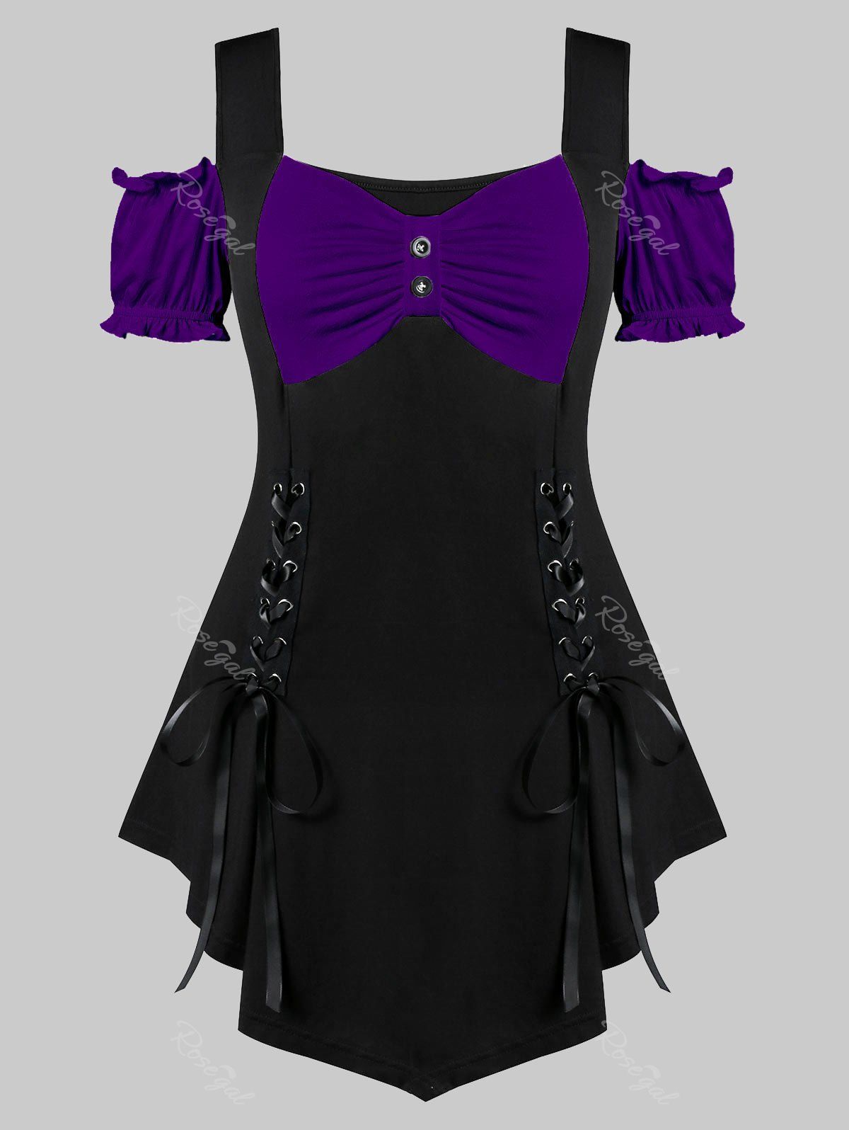

Plus Size Cold Shoulder Color Block Lace Up T-shirt, Purple iris