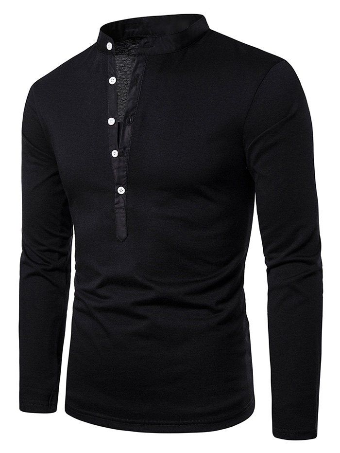 

Stand Collar Henley Long Sleeve Casual T Shirt, Black