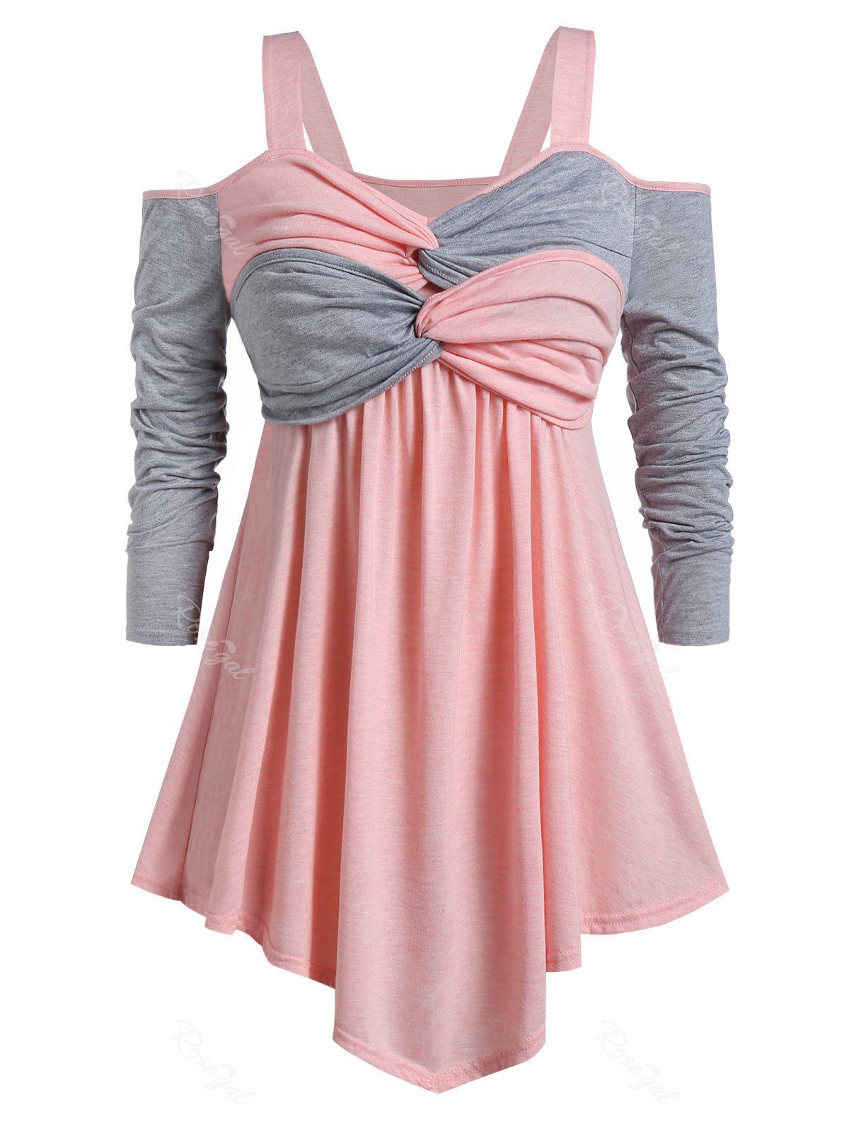 

Plus Size Sweetheart Collar Contrast Open Shoulder T Shirt, Flamingo pink