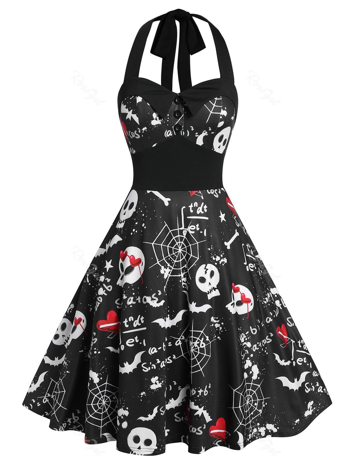 

Plus Size Halter Fit And Flare Skull Print Vintage Dress, Black