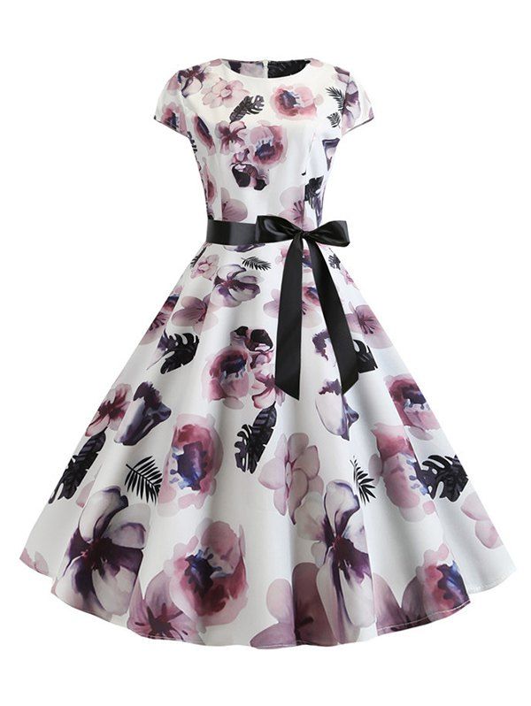 

Floral Belted A Line Retro Dress, Slate blue