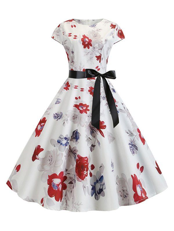 

Floral Belted A Line Retro Dress, Red