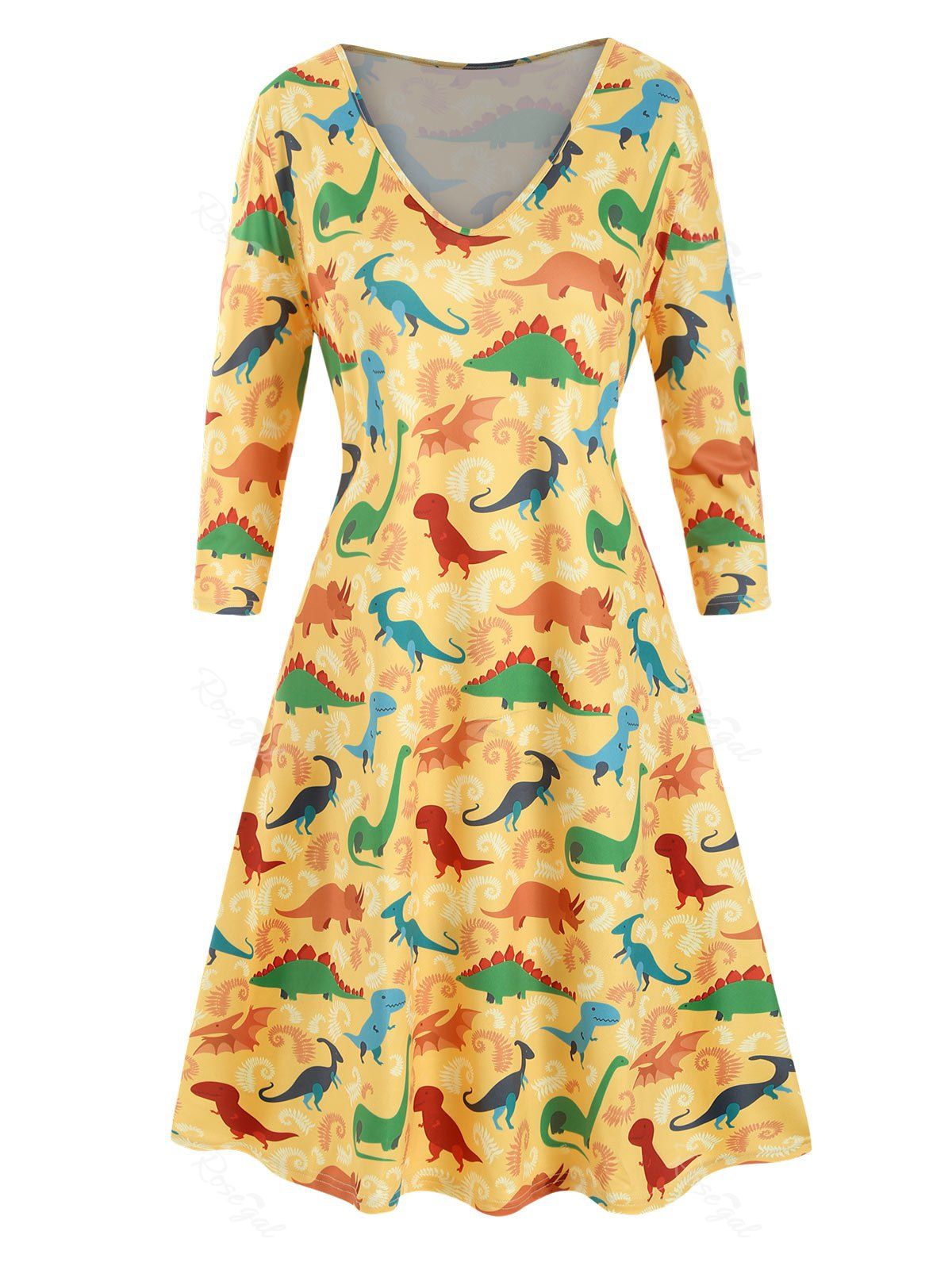 

Plus Size V Neck Dinosaur Print Tee Dress, Sun yellow
