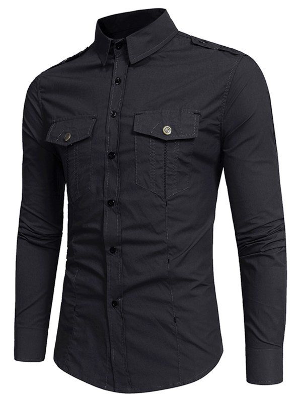 

Pocket Decoration Long-sleeved Cargo Shirt, Black
