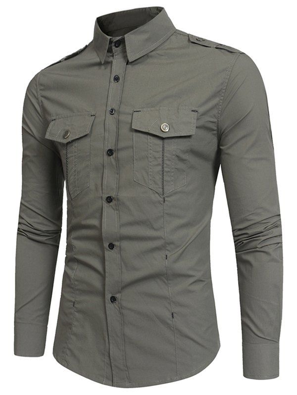 

Pocket Decoration Long-sleeved Cargo Shirt, Army green