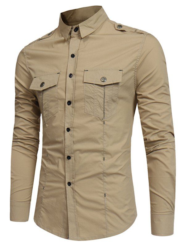 

Pocket Decoration Long-sleeved Cargo Shirt, Light khaki